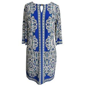 Studio One Shift Paisley Floral Stretch Dress Women Size Large Color Blue White